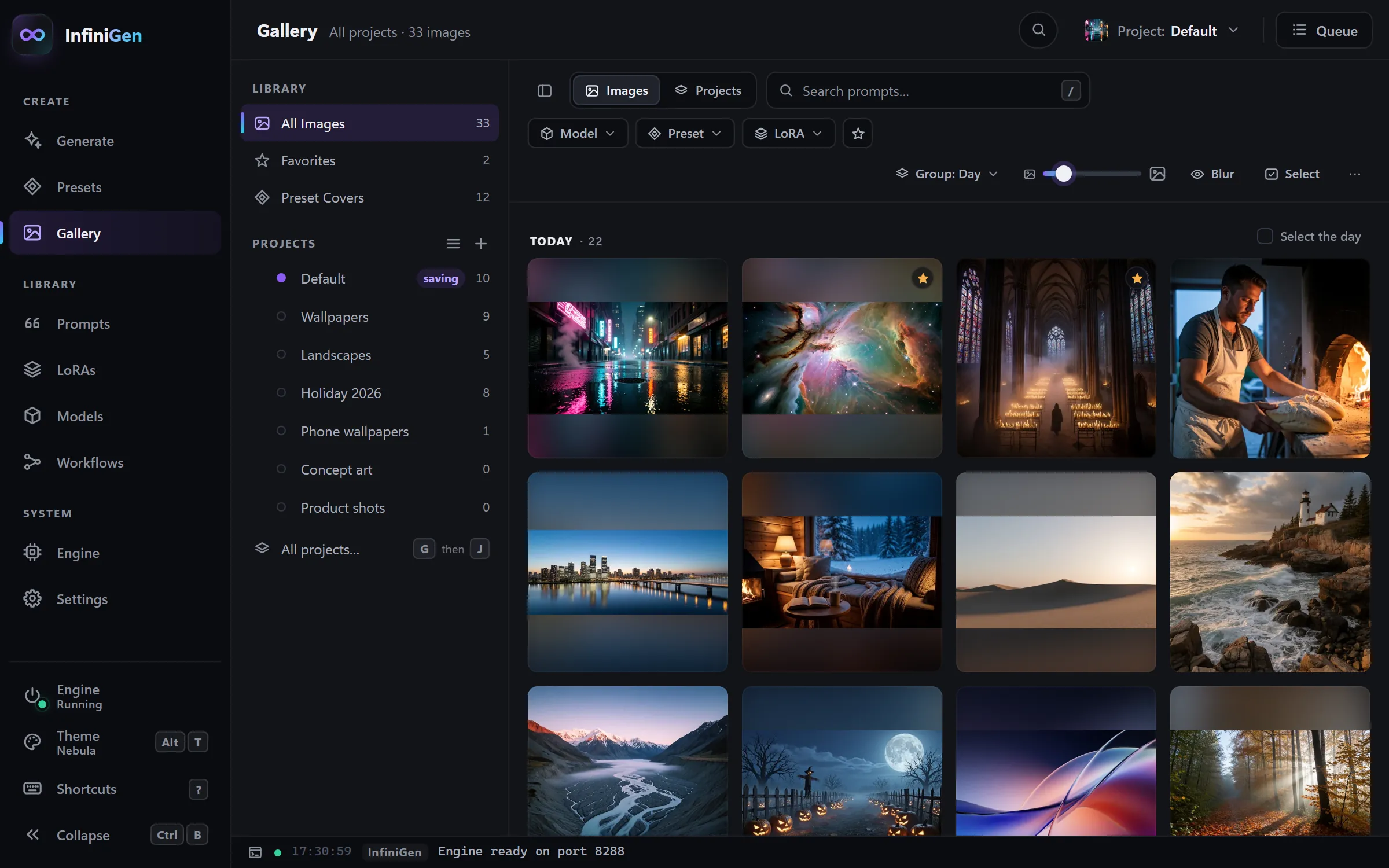 The InfiniGen Gallery: a projects sidebar with Landscapes, Default, Concept art, Holiday 2026 and Wallpapers, and a grid of today's images and short videos.