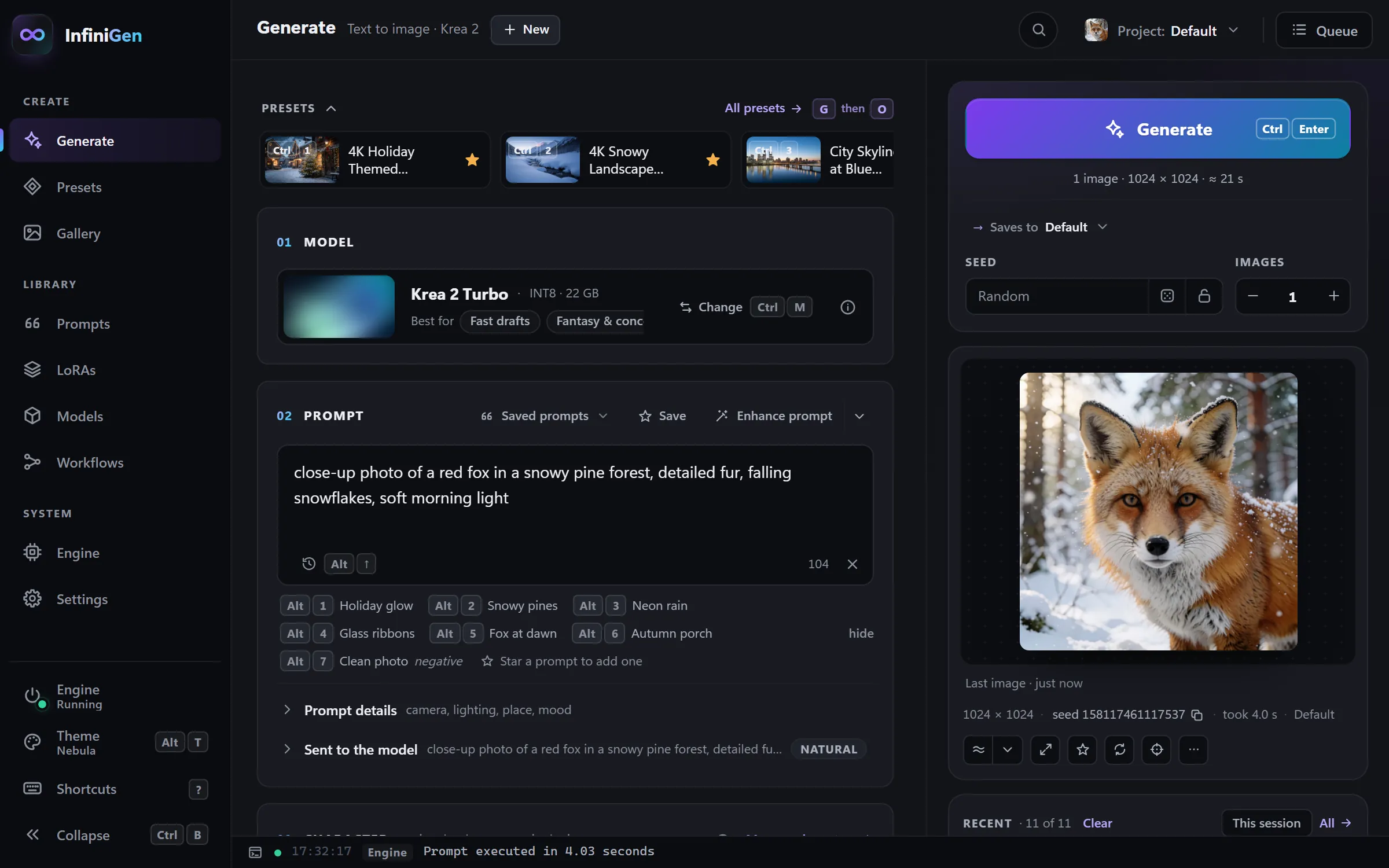 The InfiniGen Generate page: Krea 2 Turbo is the model, the prompt reads “moonlit violet desert dunes under a vast starry sky”, and the finished image sits on the right with its seed and Recent images below.
